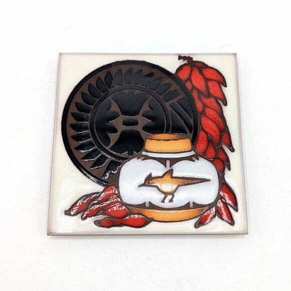 Vintage Masterworks Southwestern Tile Terra Cotta Tonala Pottery Trivet Chilis - Picture 1 of 4
